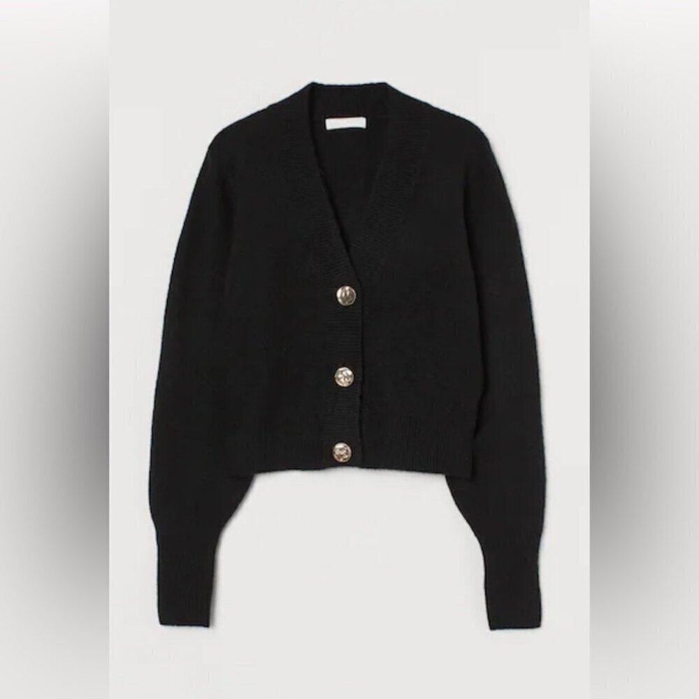 H&M Cropped Black Poly Blend Pocket Soft Long Sleeve Sweater Knit Cardigan Xs